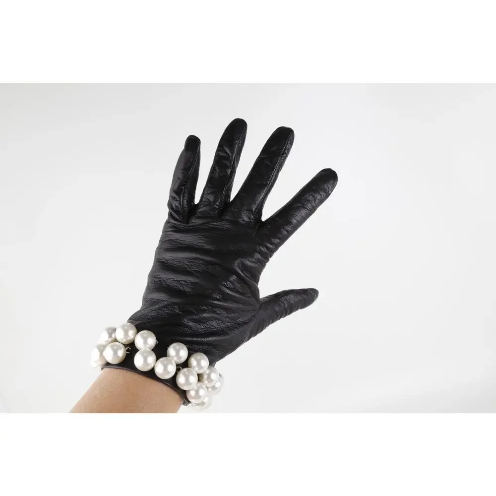Tally B. Vintage Black Leather Triple Pearl Bead Fringe Gloves Silk Lined Size 8